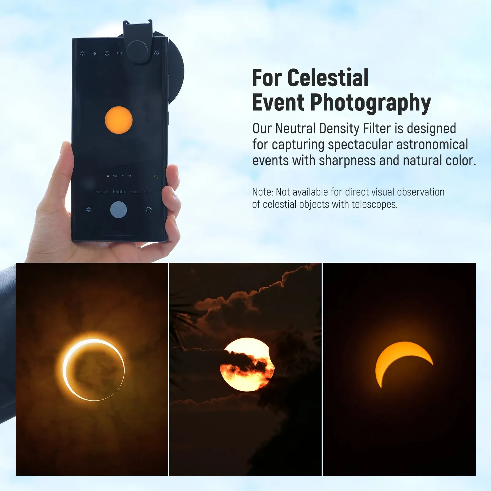 67mm Clip on Nd Phone Filter Kit Optical Glasses & Polymer Safety Film 15.6 Stop 3.8 Optical Density