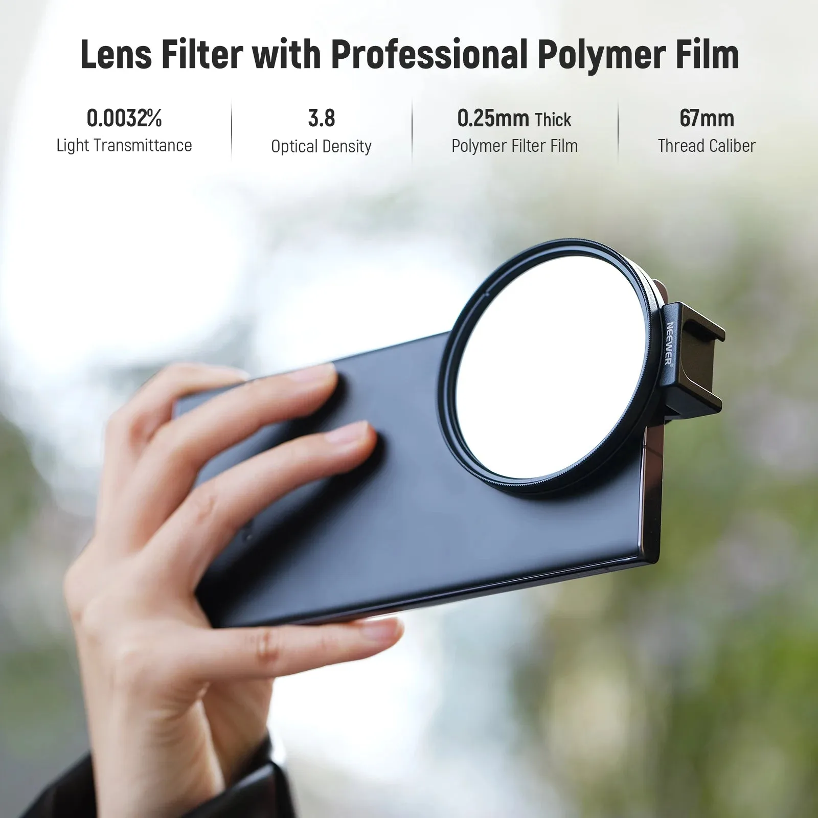 67mm Clip on Nd Phone Filter Kit Optical Glasses & Polymer Safety Film 15.6 Stop 3.8 Optical Density