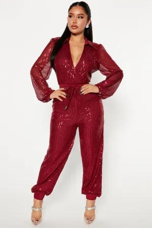 Always The Spotlight Sequin Jumpsuit - Burgundy