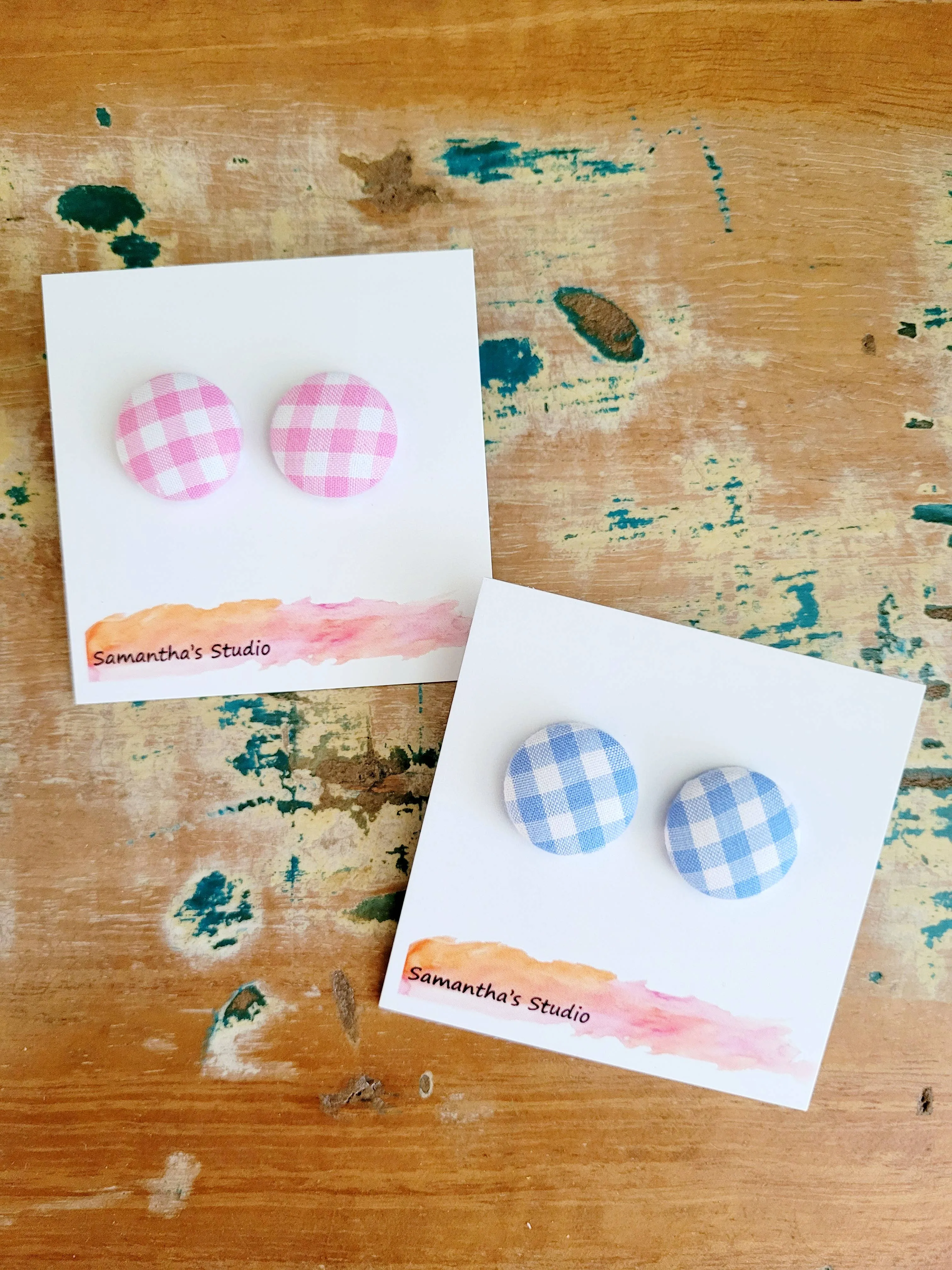 Gingham Country Button stud earrings - Lights: Blue / Small 1.9cm