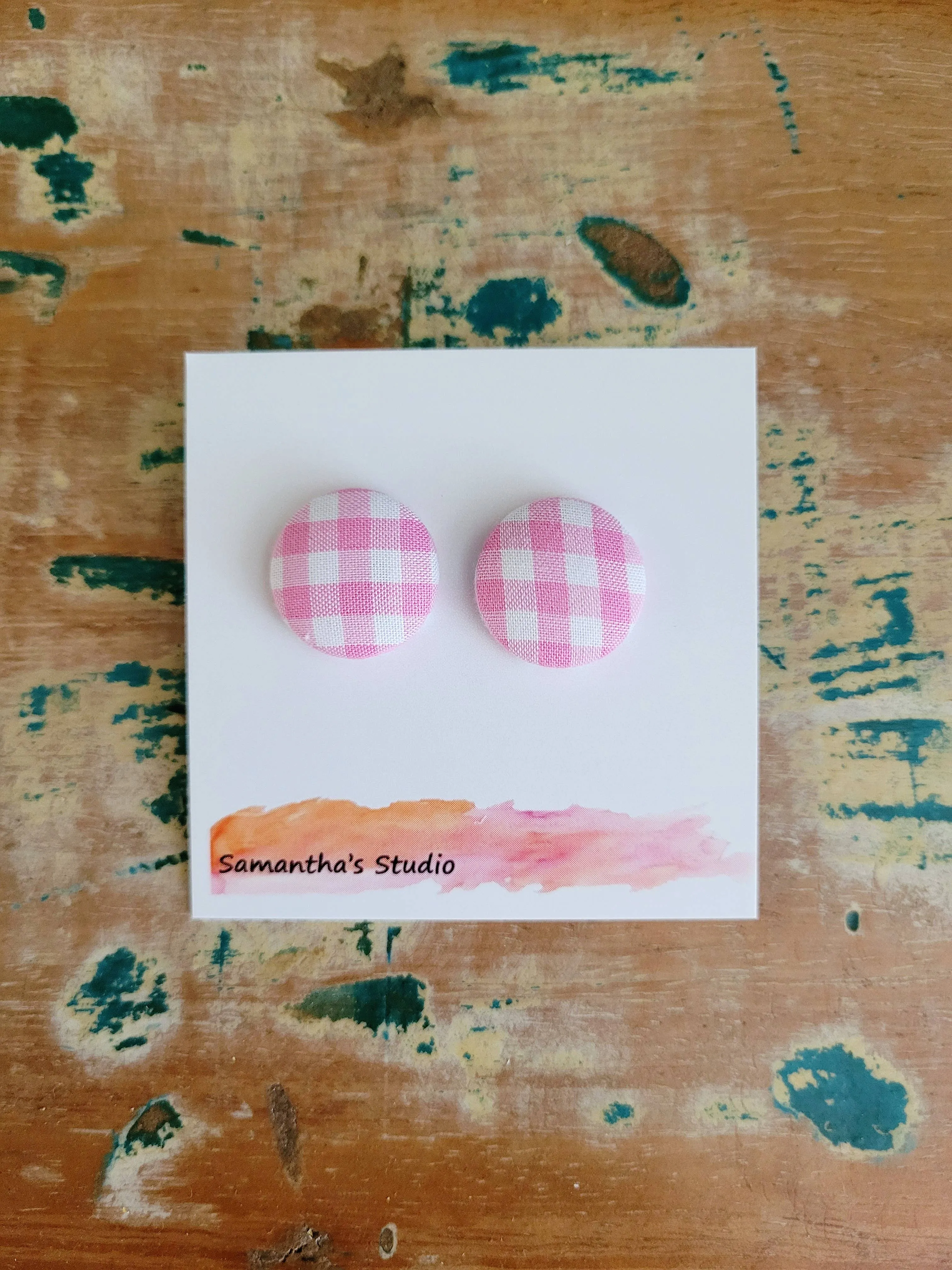 Gingham Country Button stud earrings - Lights: Blue / Small 1.9cm