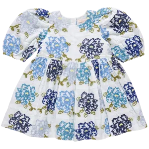 Girls Brooke Dress - Blue Quilt Flower Embroidery