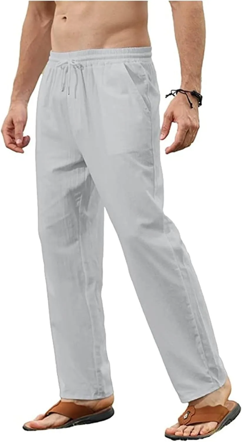 Mens Cotton Linen Pants Casual Slim Fit Solid Straight Joggers Trousers Fashion Lightweight Yoga Summer Beach Pants
