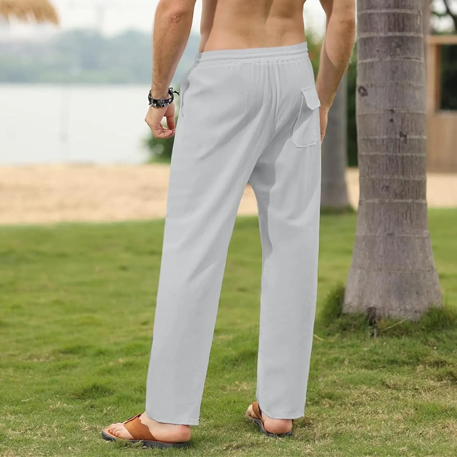 Mens Cotton Linen Pants Casual Slim Fit Solid Straight Joggers Trousers Fashion Lightweight Yoga Summer Beach Pants