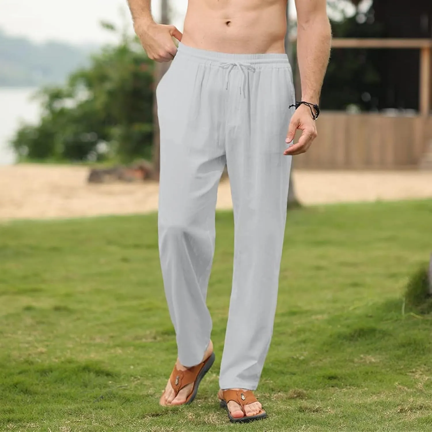 Mens Cotton Linen Pants Casual Slim Fit Solid Straight Joggers Trousers Fashion Lightweight Yoga Summer Beach Pants
