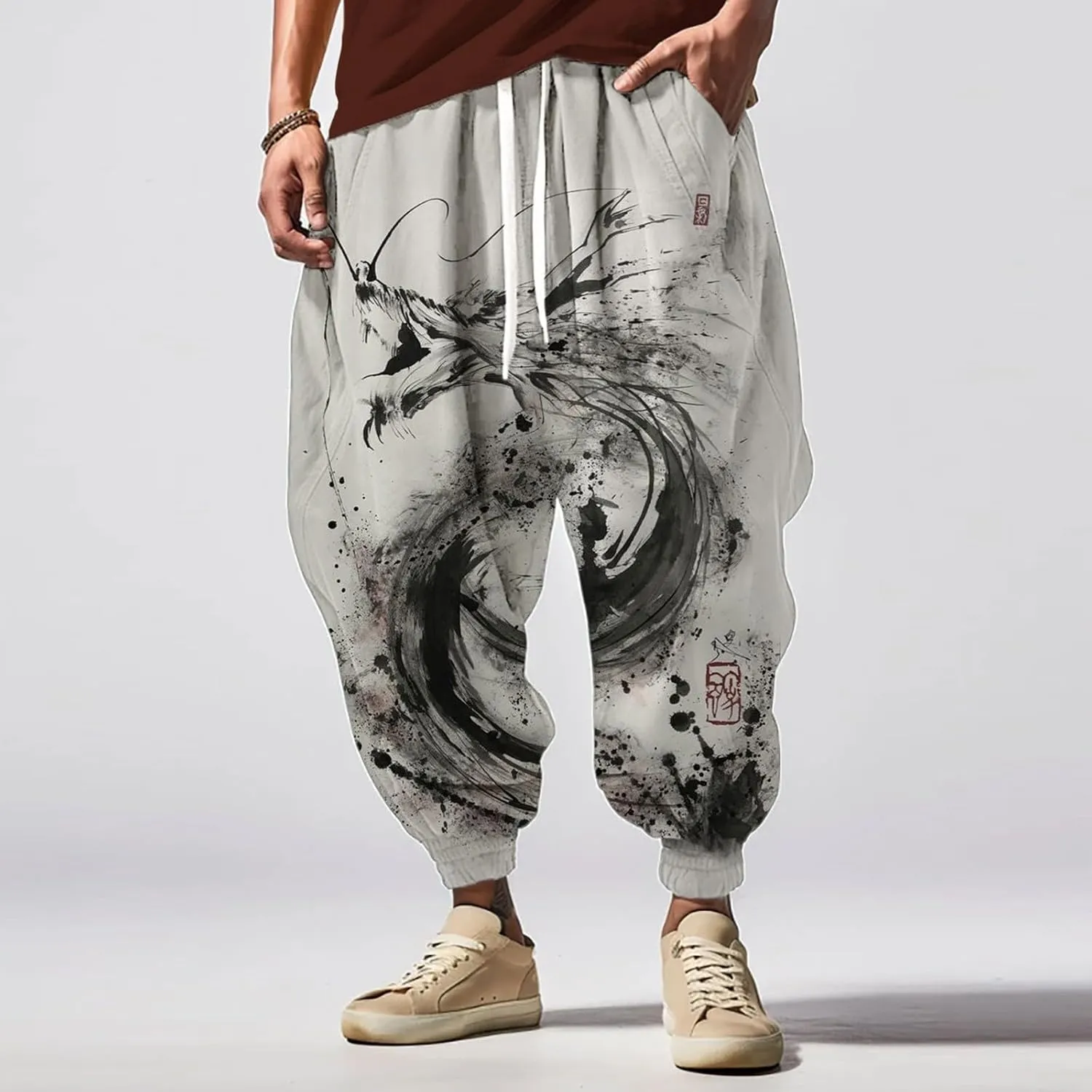 Mens Harem Pants Loose Fit Men's Autumn Fun Print Fashion Street Feel Casual Hiking Outdoor Twill Track Pants Pants