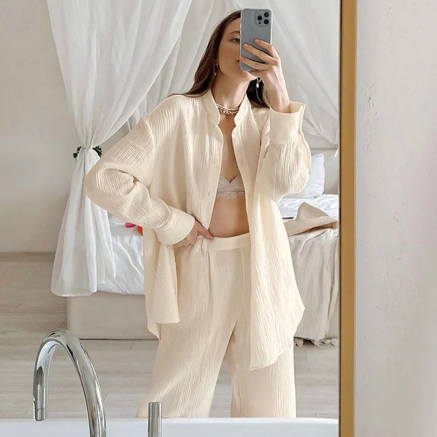 Shirt Double-layer Crepe Loose Long Sleeve Trousers Suit
