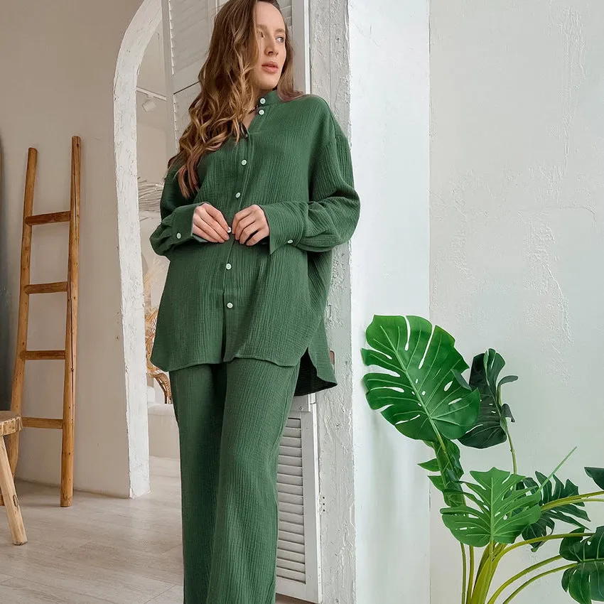 Shirt Double-layer Crepe Loose Long Sleeve Trousers Suit