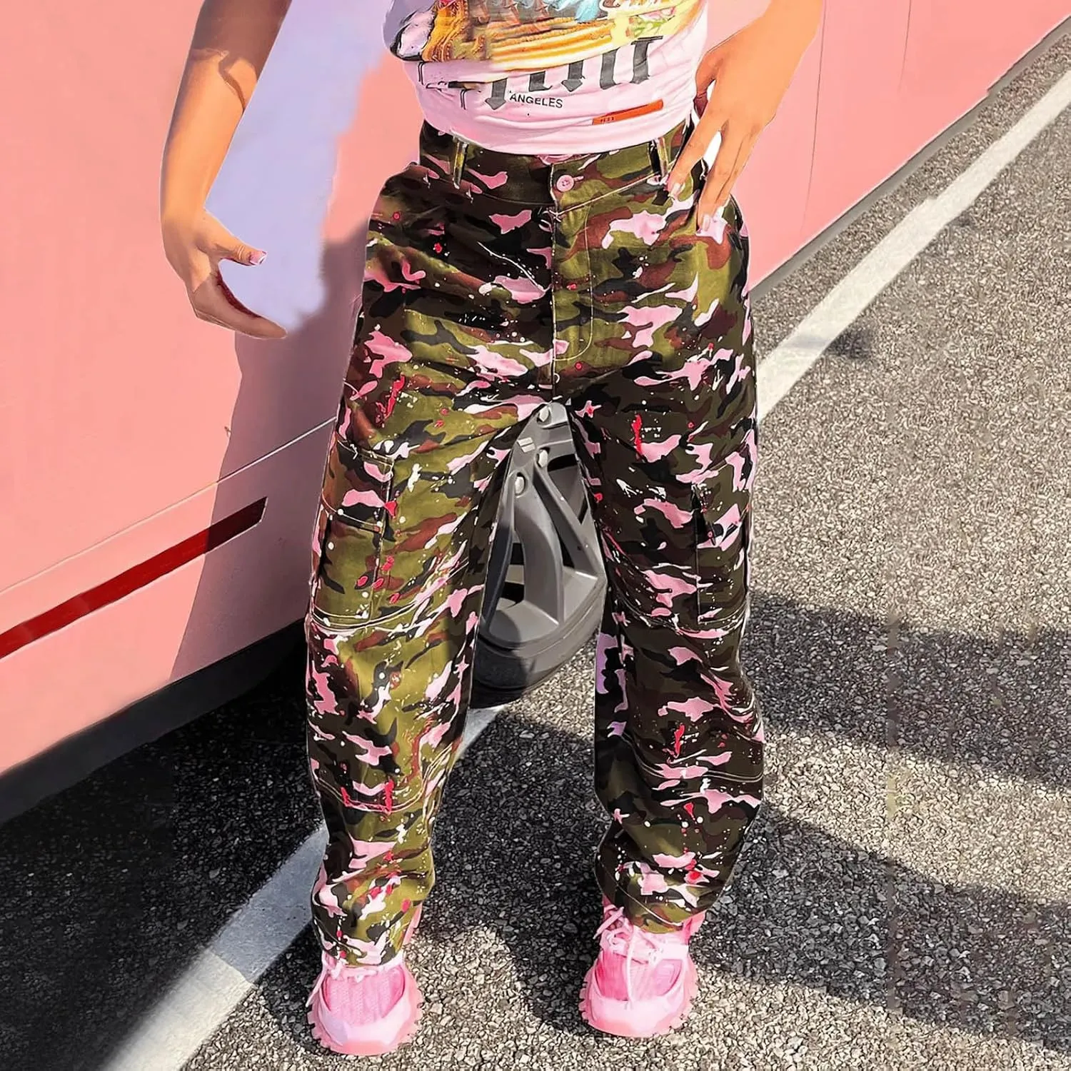 Tactical Hiking Pants for Women Fashion Multicolor Camouflage Cargo Pant High Waist Loose Military Trouser Streetwear