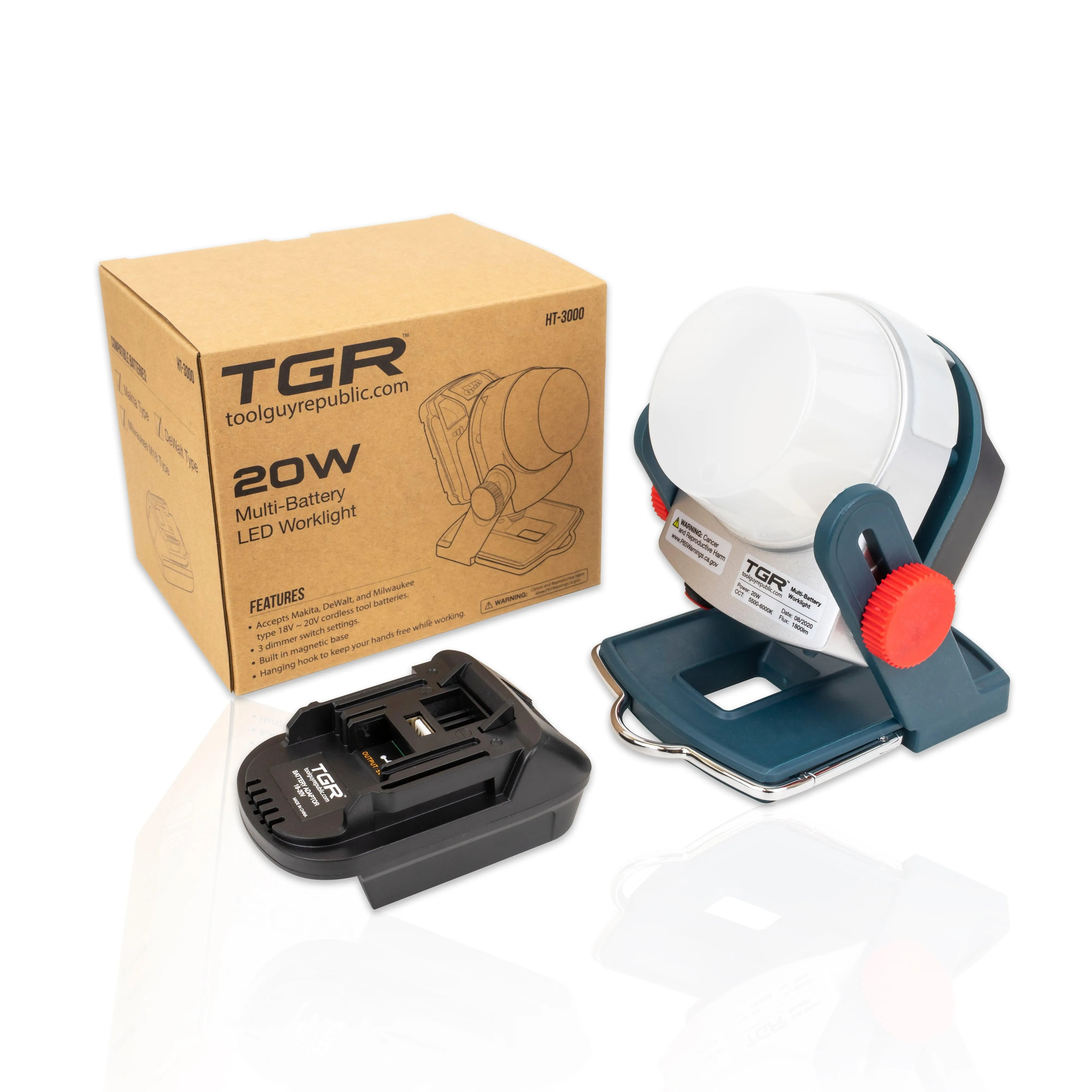 TGR 20W Multi-Battery LED Worklight Powered by Makita, DeWalt, Milwaukee Cordless Tool Batteries