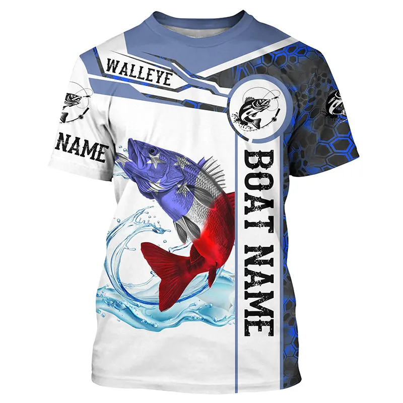 Walleye Fishing Blue Camo American Flag Custom Name & Boat Name Performance Long Sleeve Fishing Shirts