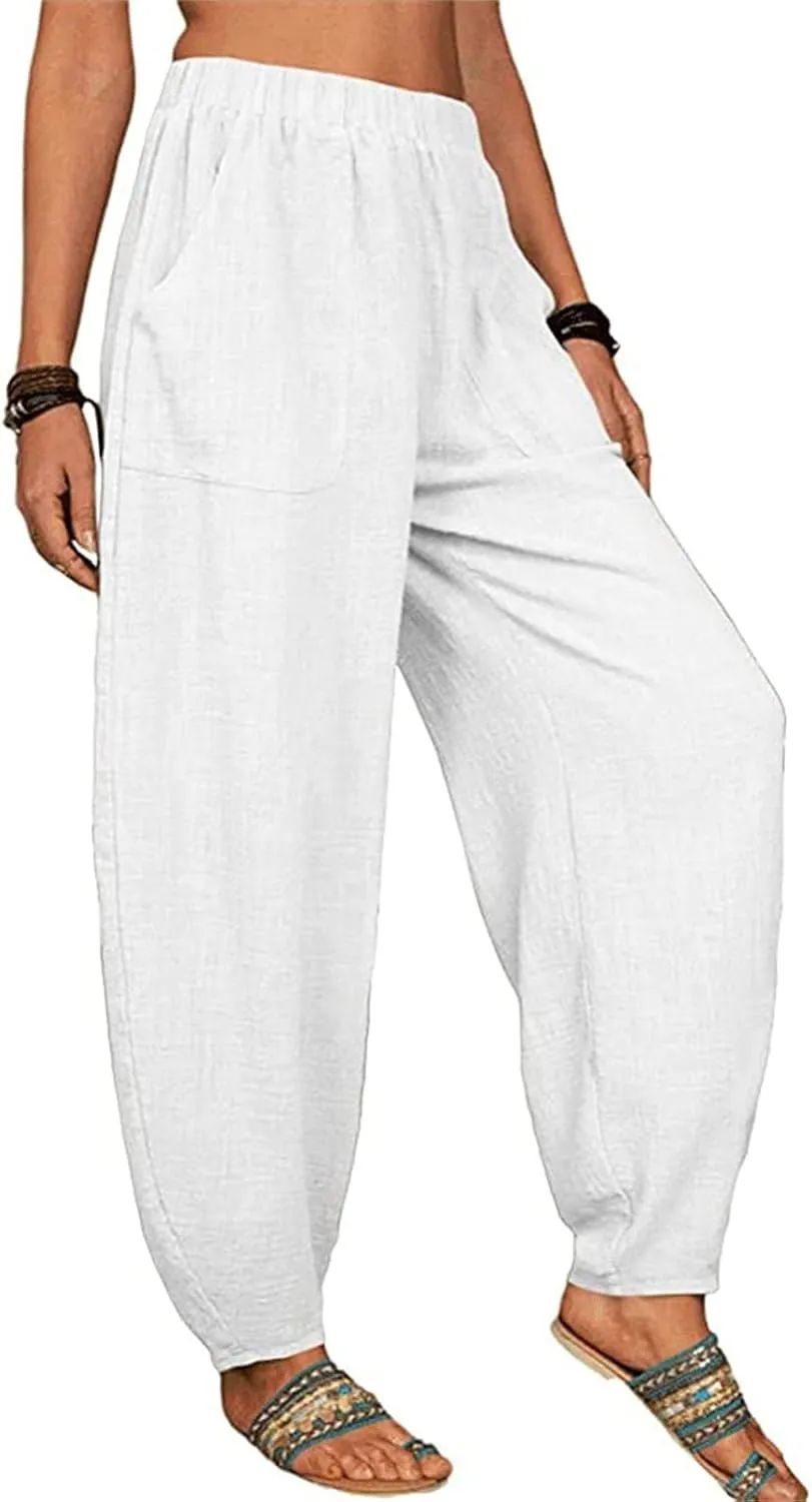 Womens Linen Wide Leg Harem Pants Casual Baggy Loose Palazzo Pants Comfy Beach Vacation Summer Trousers with Pockets
