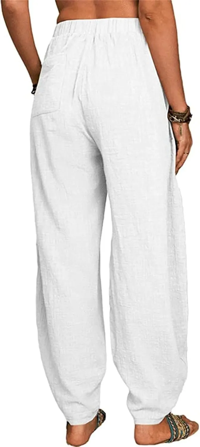 Womens Linen Wide Leg Harem Pants Casual Baggy Loose Palazzo Pants Comfy Beach Vacation Summer Trousers with Pockets