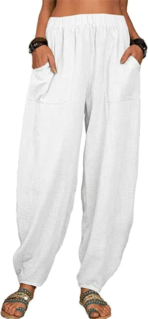 Womens Linen Wide Leg Harem Pants Casual Baggy Loose Palazzo Pants Comfy Beach Vacation Summer Trousers with Pockets