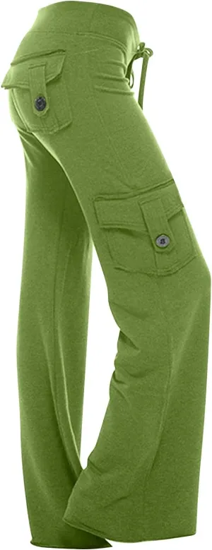 Womens Yoga Leggings Cargo Pants Stretchy Drawstring Elastic Waist Loose Trousers Side Pockets Wide Leg Yoga Leggings